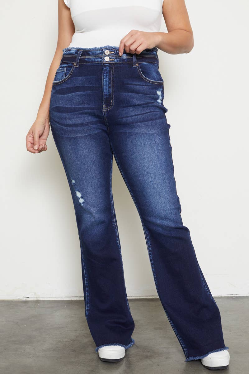 HIGH RISE DOUBLE WB DETAIL FRAY HEM FLARE