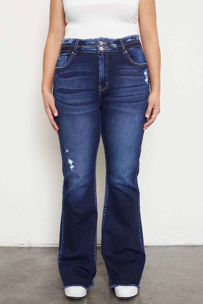 HIGH RISE DOUBLE WB DETAIL FRAY HEM FLARE
