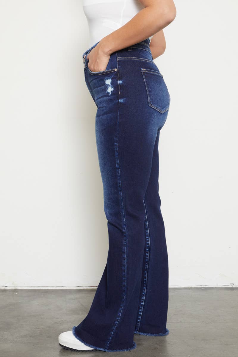 HIGH RISE DOUBLE WB DETAIL FRAY HEM FLARE