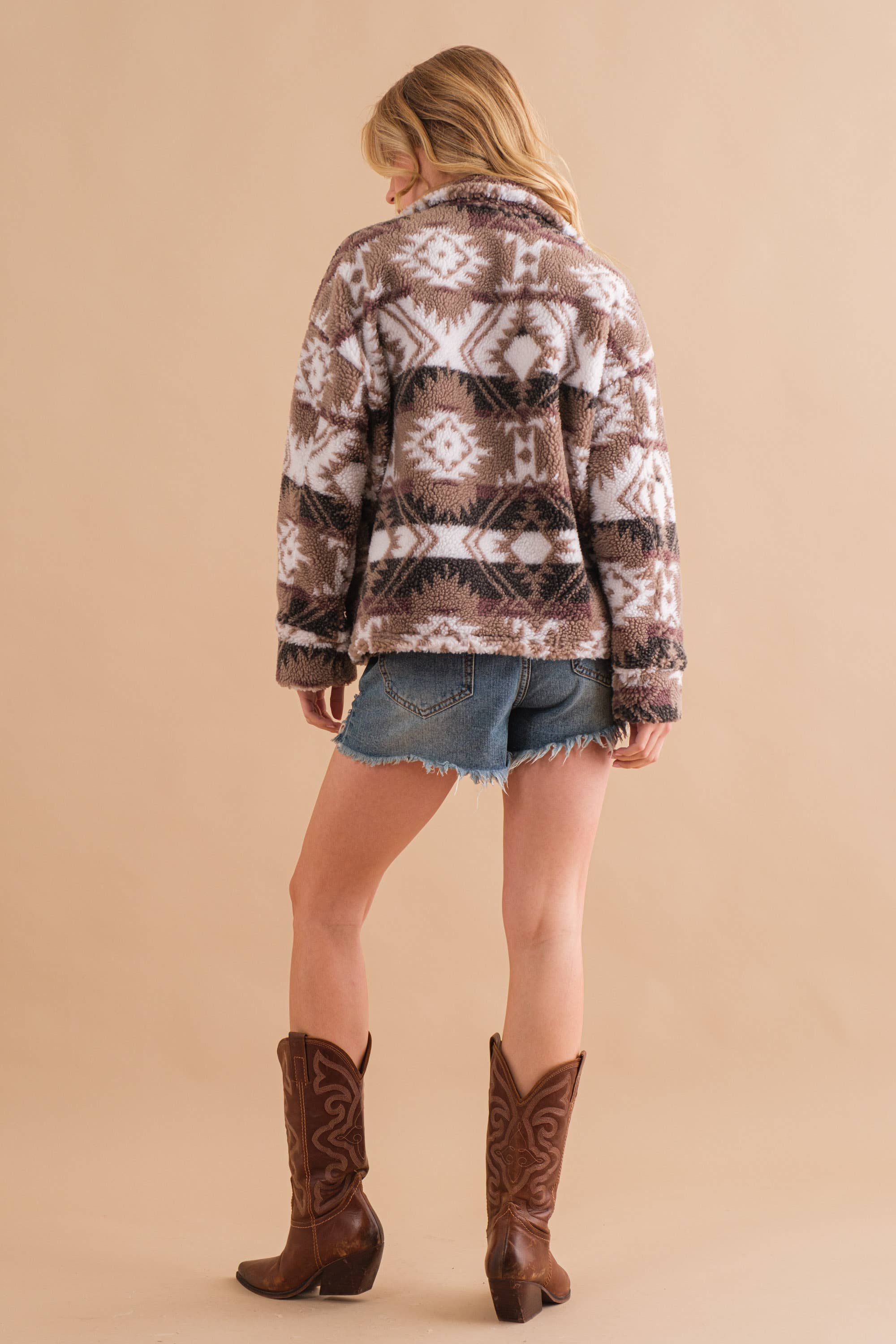 Aztec Printed Mock Neck Button Front Jacket