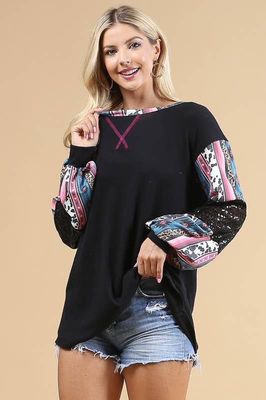 GRACE AZTEC PRINT COLOR BLOCK SEQUIN TOP