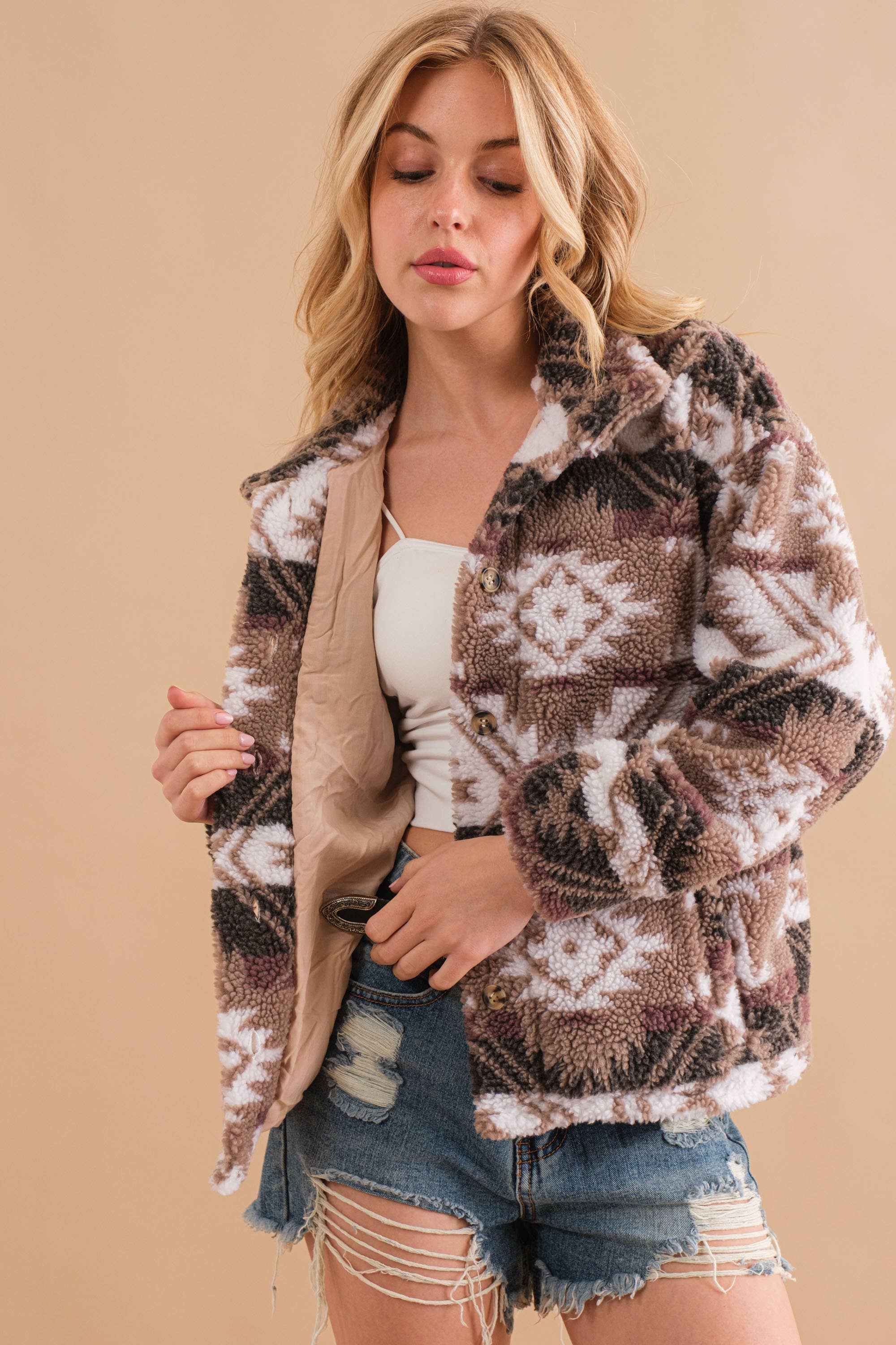 Aztec Printed Mock Neck Button Front Jacket
