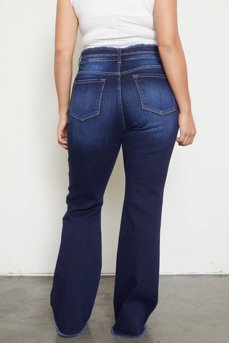HIGH RISE DOUBLE WB DETAIL FRAY HEM FLARE