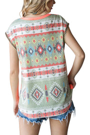 Aztec Print Contrast Trim Detail Top