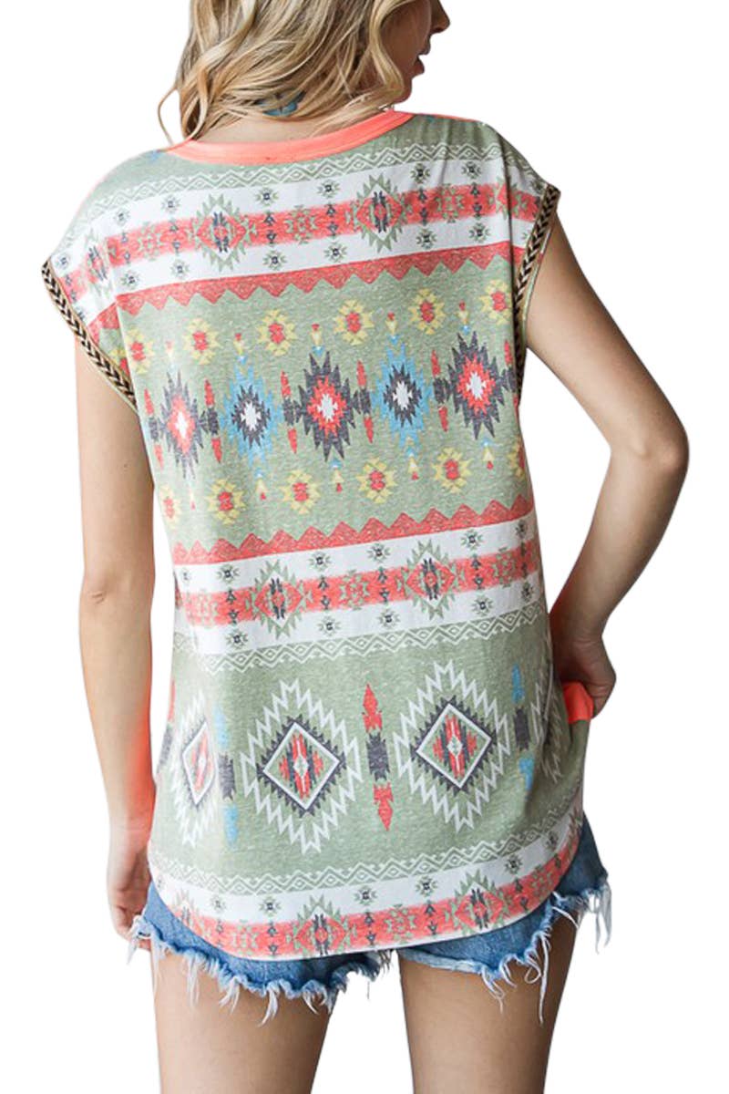 Aztec Print Contrast Trim Detail Top
