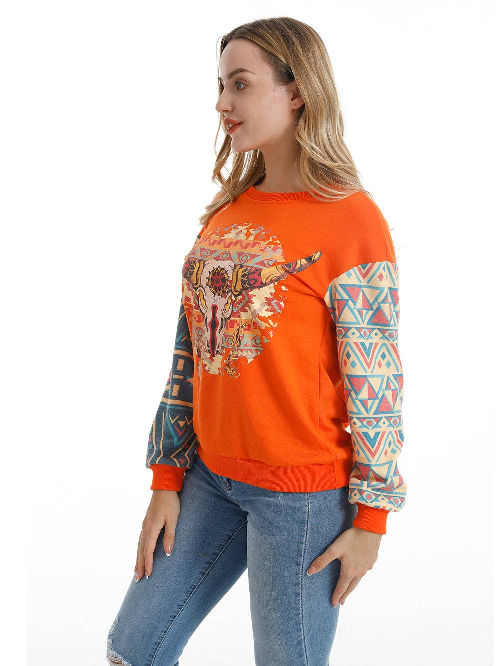 American Bling Women Vintage Bull Skull Aztec Style Sweatshirt