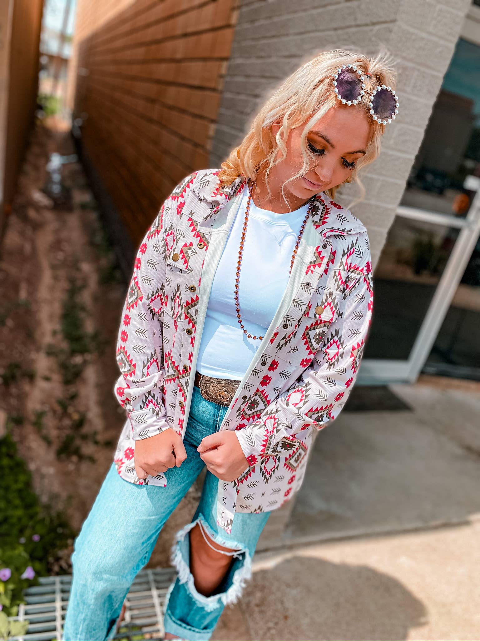 Watermelon Sugar Aztec Print Corduroy Shacket: Aztec