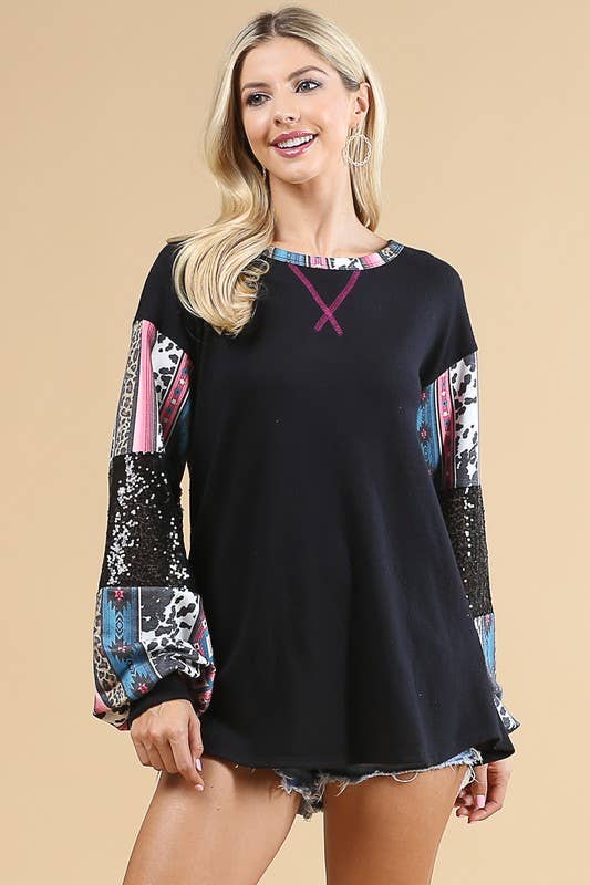 GRACE AZTEC PRINT COLOR BLOCK SEQUIN TOP