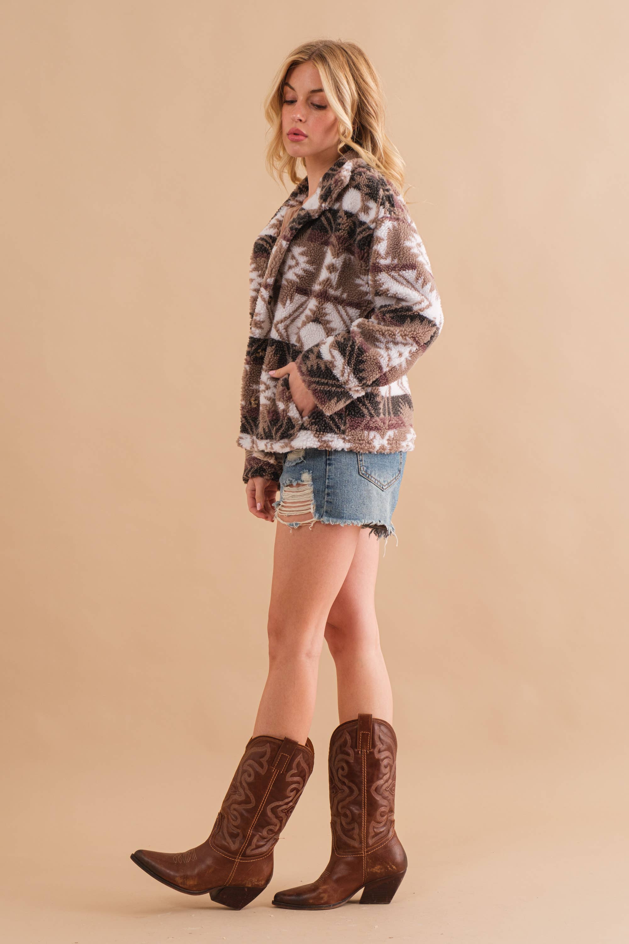 Aztec Printed Mock Neck Button Front Jacket