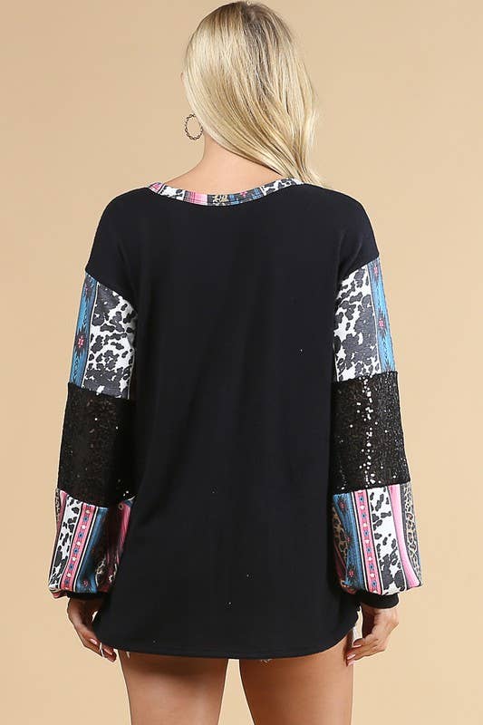 GRACE AZTEC PRINT COLOR BLOCK SEQUIN TOP