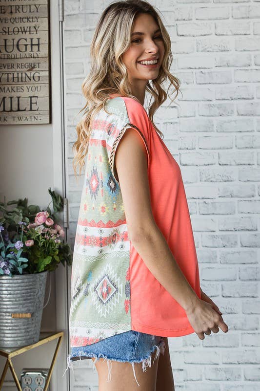 Aztec Print Contrast Trim Detail Top
