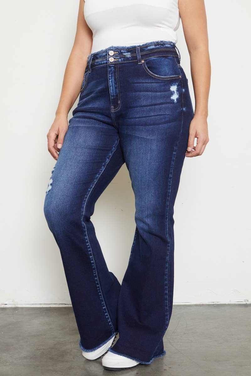 HIGH RISE DOUBLE WB DETAIL FRAY HEM FLARE