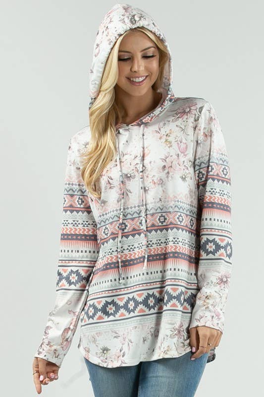 REMI-PLUS SIZE FLORAL-GEO PRINT HOODIE