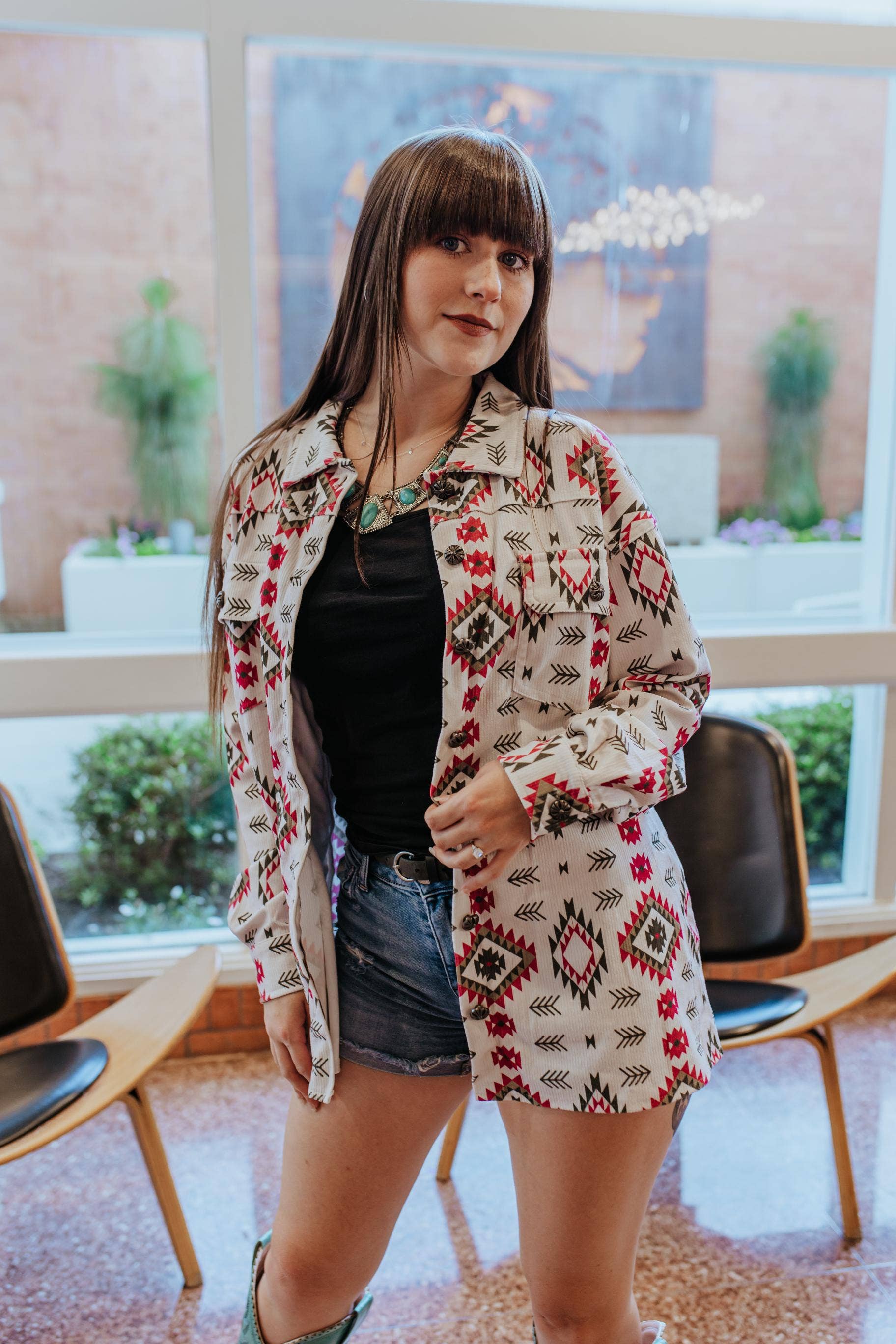 Watermelon Sugar Aztec Print Corduroy Shacket: Aztec